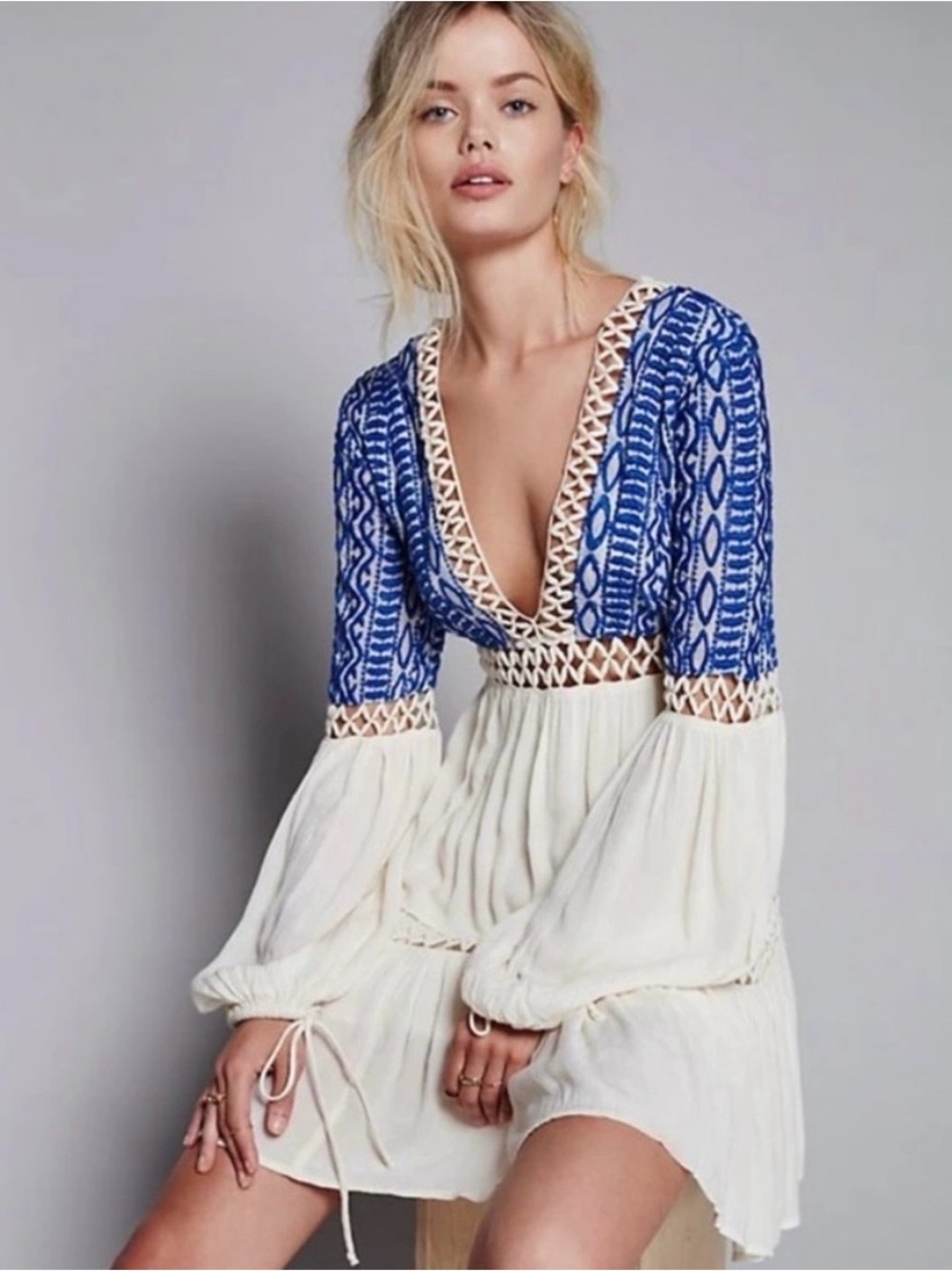 Free People DUSK TIL DAWN Blue & Cream Deep V Crochet-Trim Tunic Dress AS IS